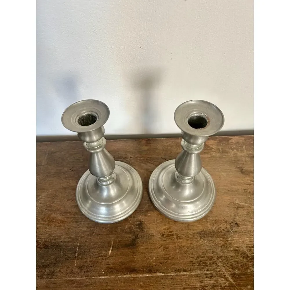 Vintage Pair of Pewter Candlesticks | Cottagecore Colonial Silver Candleholders